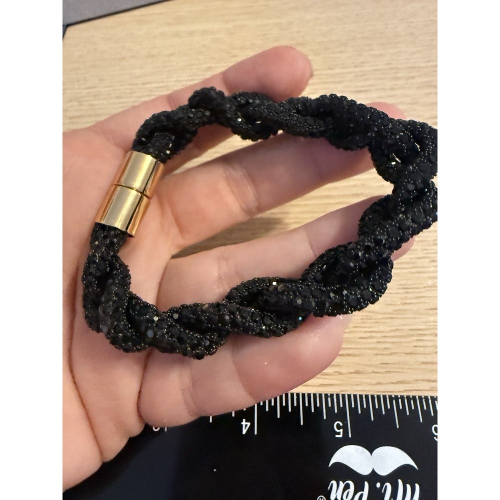 Black‎ Braided Crystal Mesh Bracelet Gold Tone Magnetic Clasp Shimmering Twisted